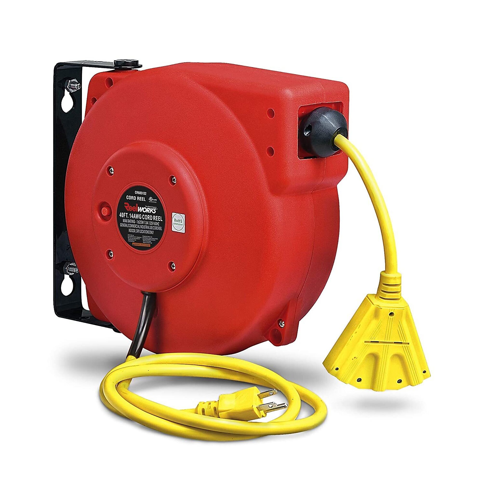 ReelWorks, Extension Cord Reel Retractable 14AWG x 40ft., Length 40 ft, Cable Gauge 14 Model# TRI-CR605132S3A